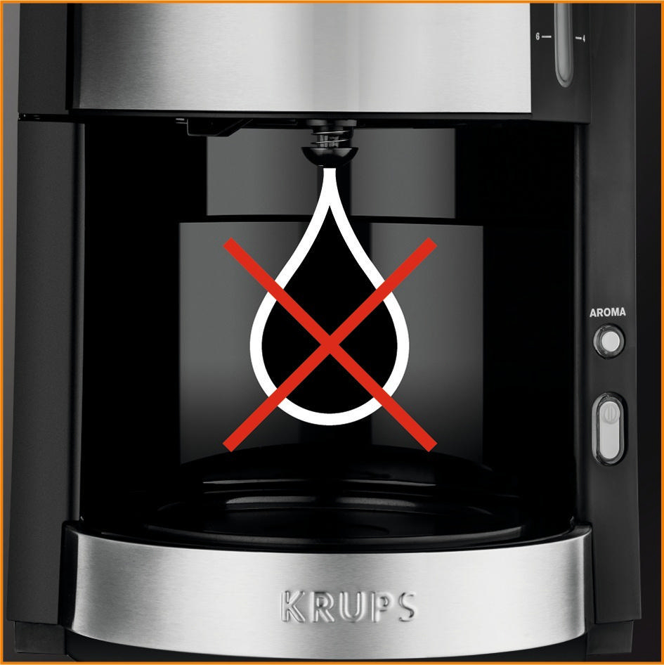 Eine Kaffeemaschine mit einem roten „Kein Tropfen“-Symbol auf dem Kaffee-Bereich.