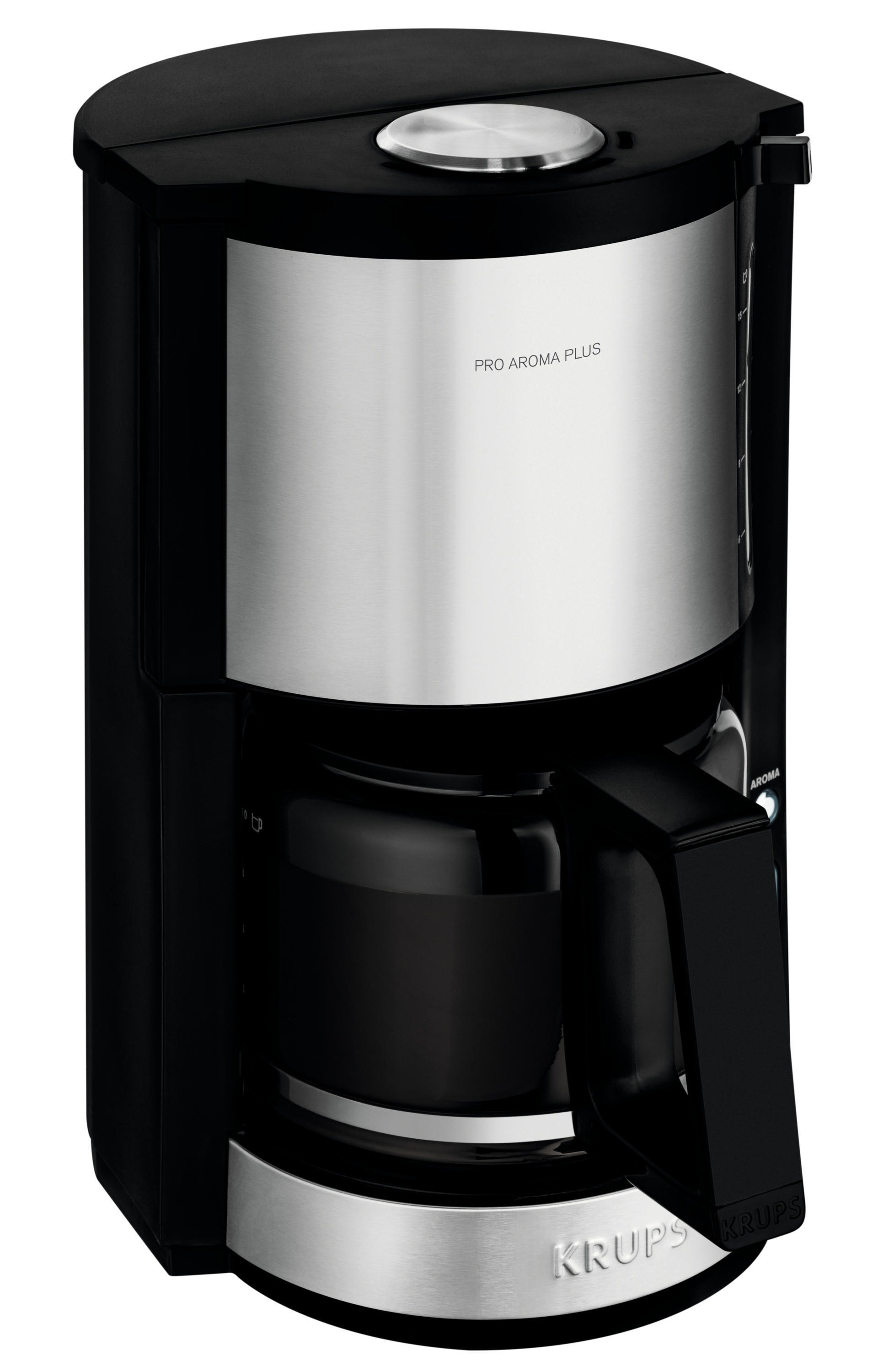 Schwarz-silberne Kaffeemaschine. Die Karaffe ist schwarz mit Wasserstandsanzeige.