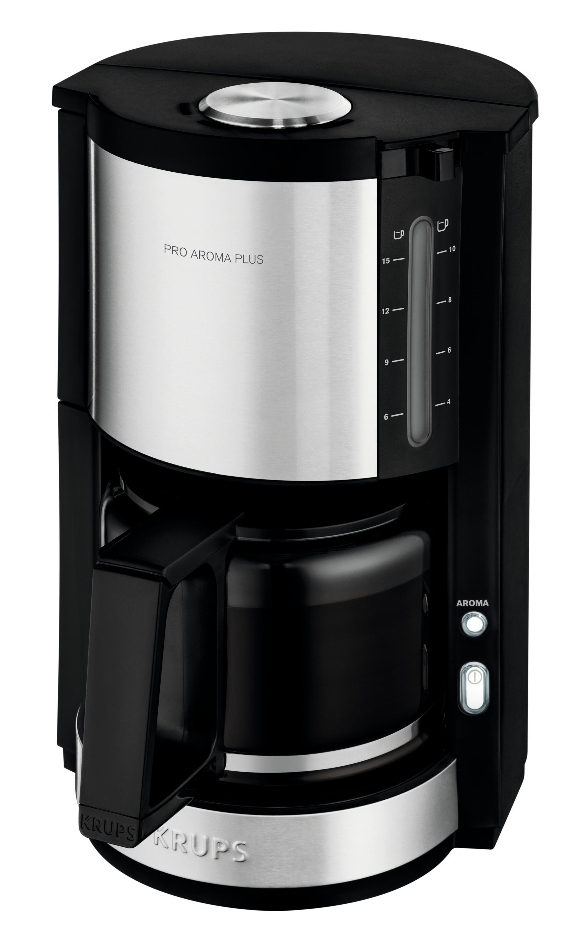 Schwarz-silberne Krups Pro Aroma Plus Kaffeemaschine mit Glaskaraffe, auf weißem Hintergrund.