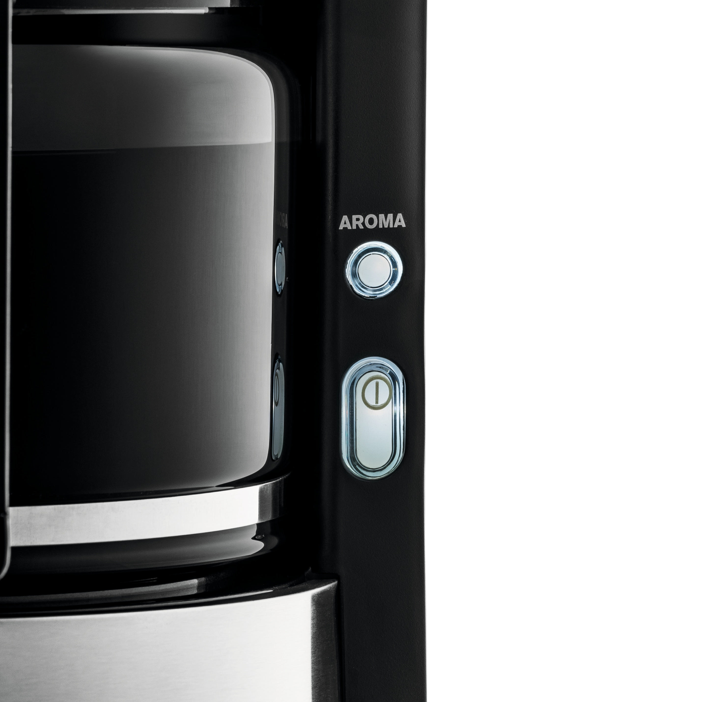 Kaffeemaschine mit 'AROMA'-Taste. Glaskaraffe sichtbar. Schwarz und Silber Details.