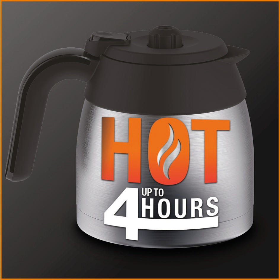 Eine silberne und schwarze Kaffeekanne mit dem Wort HOT in Orange und einem Flammensymbol. Es steht 'bis zu 4 Stunden'.
