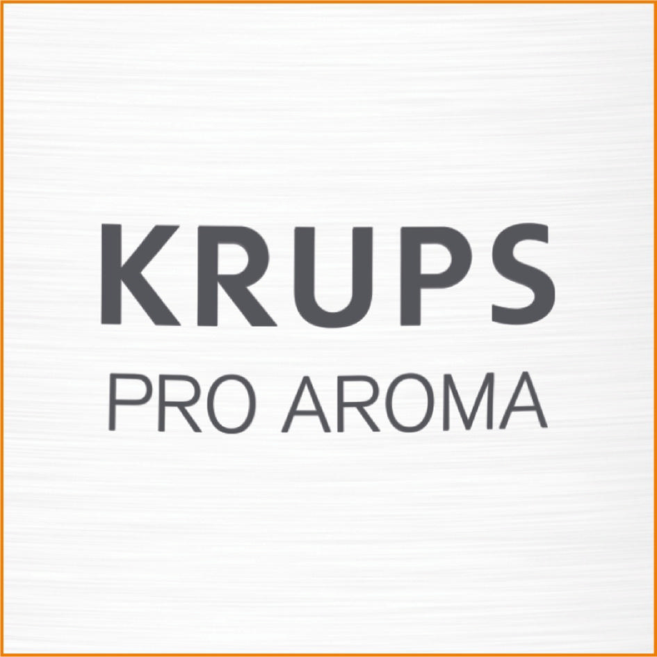 Weißer Hintergrund mit den grauen Worten 'KRUPS PRO AROMA'.