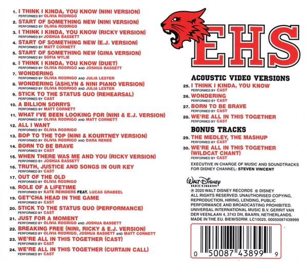 CD mit Titelliste, Text auf rotem Hintergrund und einem High School Musical Logo.