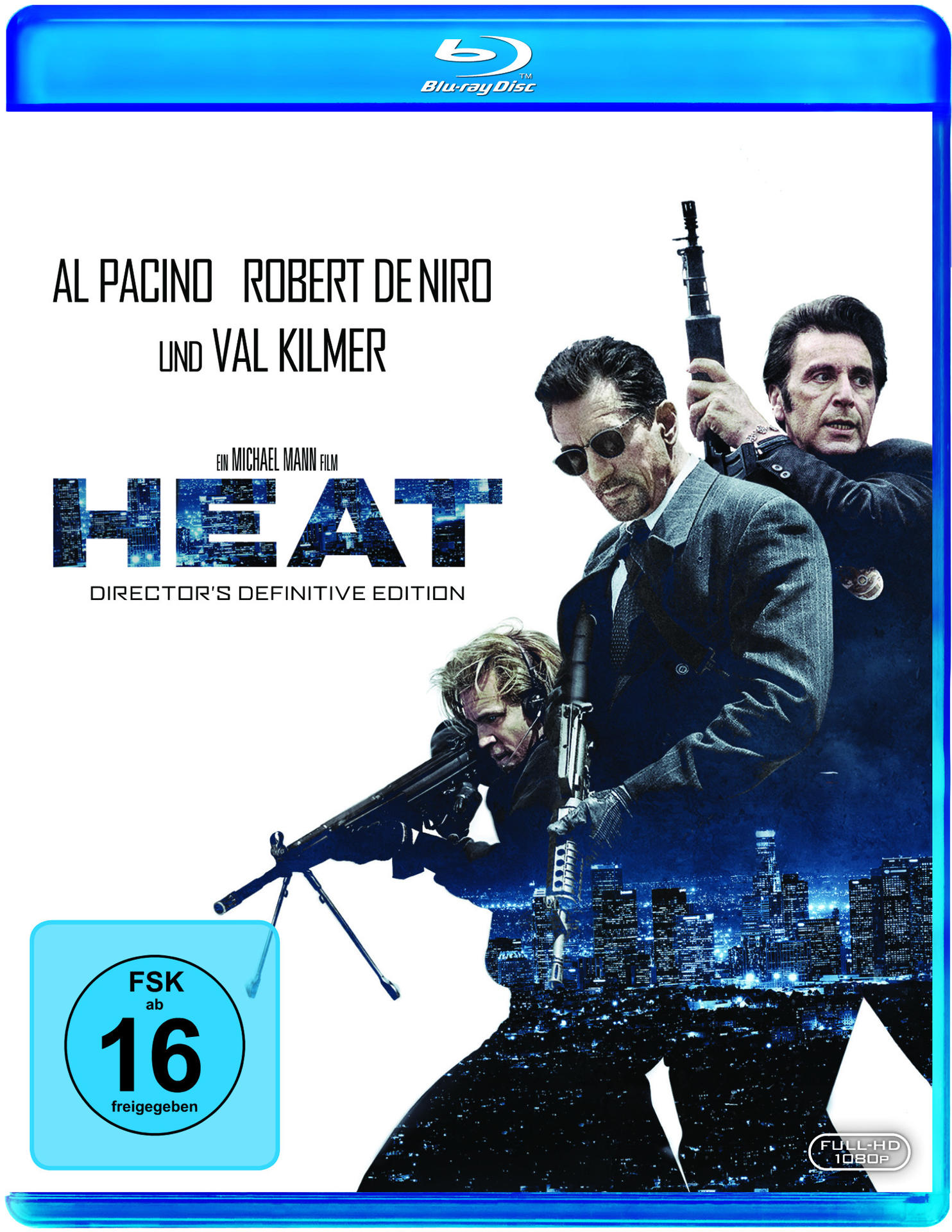 Filmcover. Schauspieler Al Pacino, Robert De Niro, Val Kilmer. Der Titel lautet 'Heat'.