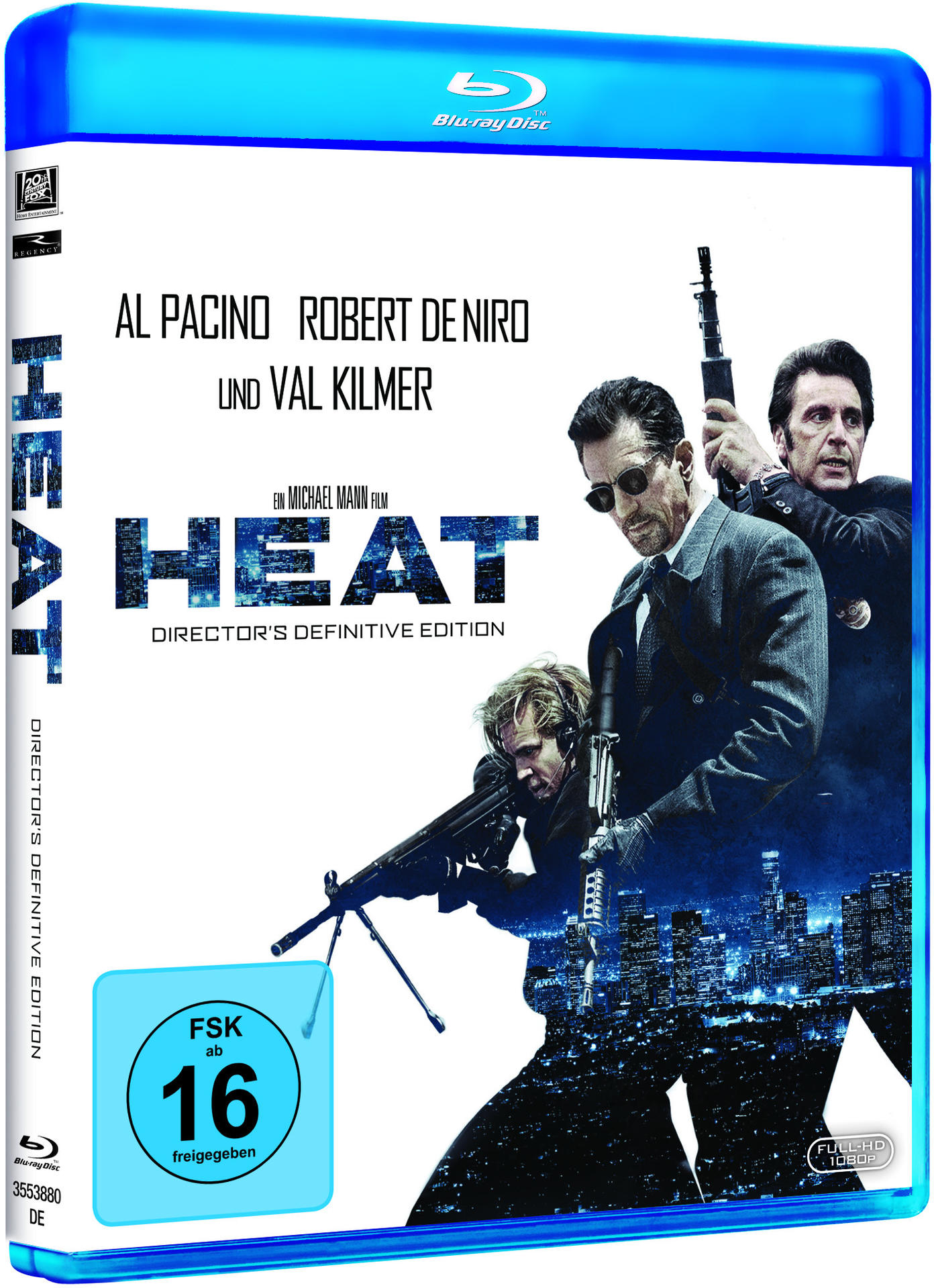 Ein blaues DVD-Cover für den Film Heat mit Al Pacino, Robert De Niro und Val Kilmer.