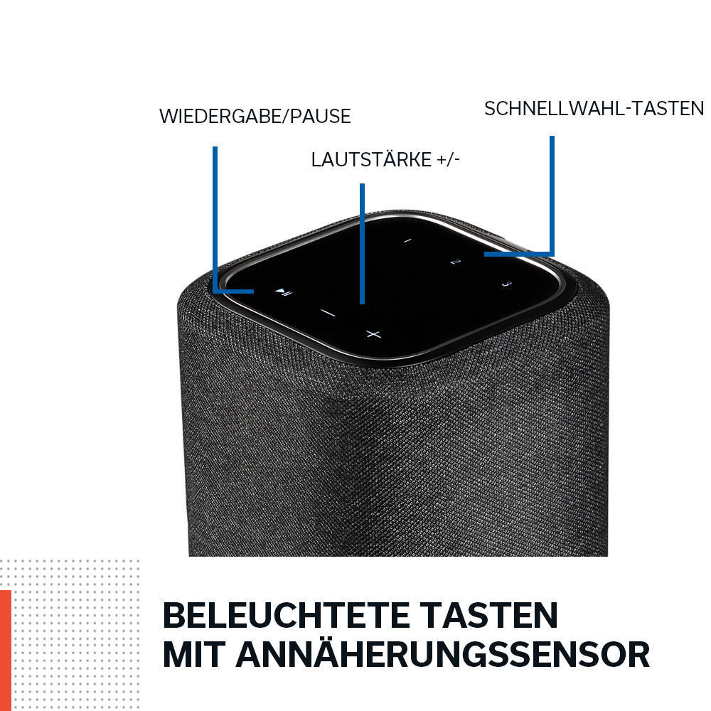 Ein schwarzer Lautsprecher mit Tasten, die mit Text und Pfeilen beschriftet sind. Unten steht 'Beleuchtete Tasten'.