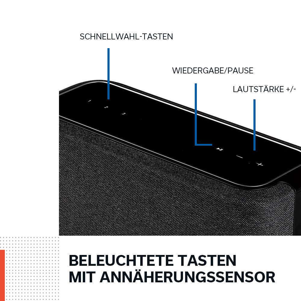Ein schwarzer Lautsprecher. Beschriftungen für Tasten: Schnellwahl, Wiedergabe/Pause, Lautstärke +/-. Text: Beleuchtete Tasten.