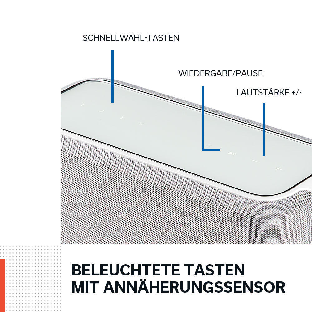 Weißer Lautsprecher mit beschrifteten Tasten, Text und Pfeilen. Text sagt: „Beleuchtete Tasten mit Annäherungssensor“.