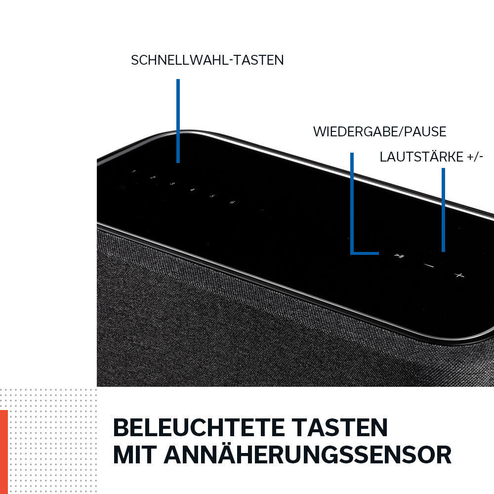 Schwarzer Lautsprecher mit beschrifteten Tasten. Text enthält 'SCHNELLWAHL-TASTEN' und 'WIEDERGABE/PAUSE'.