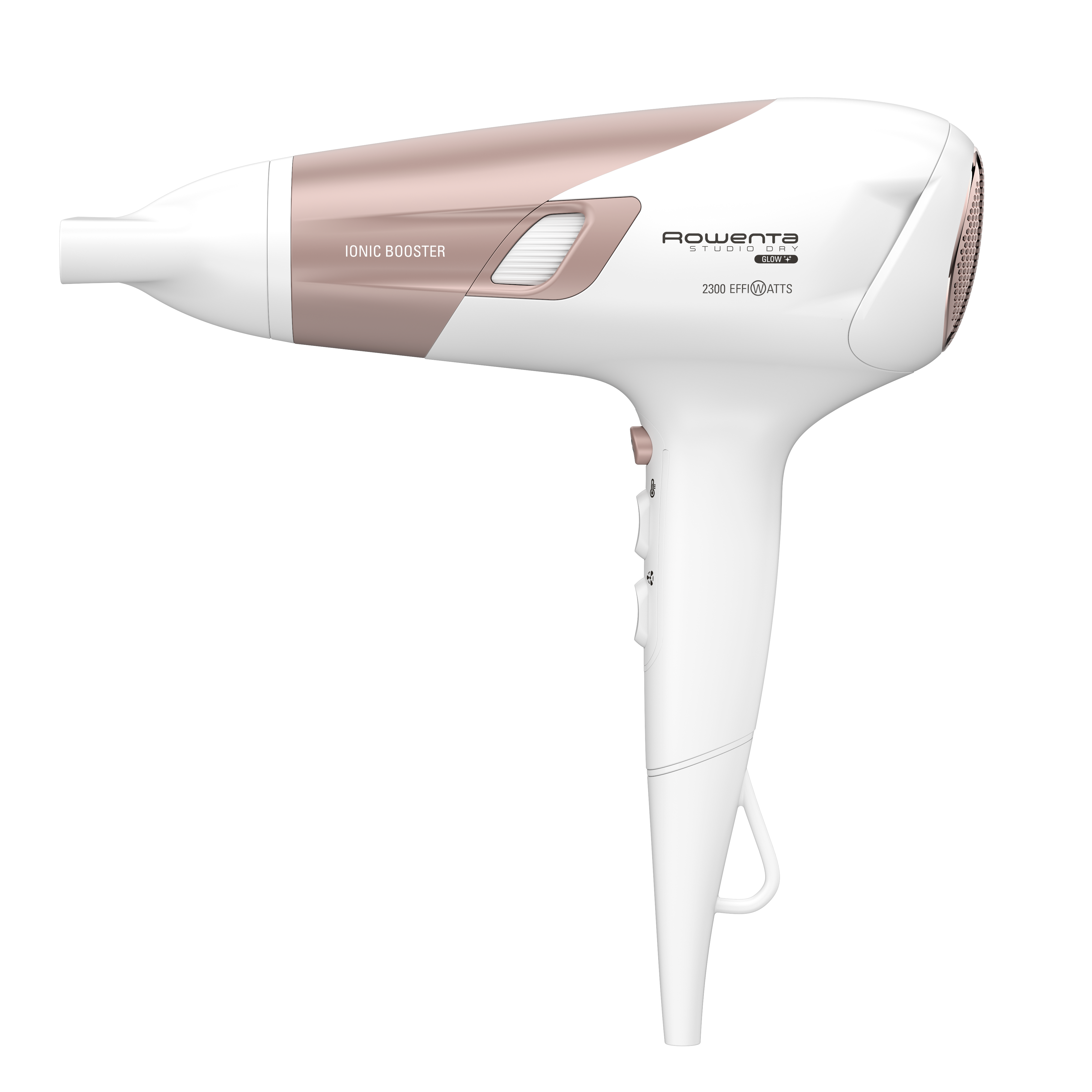 Ein weißer und roségoldener Haartrockner mit „IONIC BOOSTER“ und Markennamen.