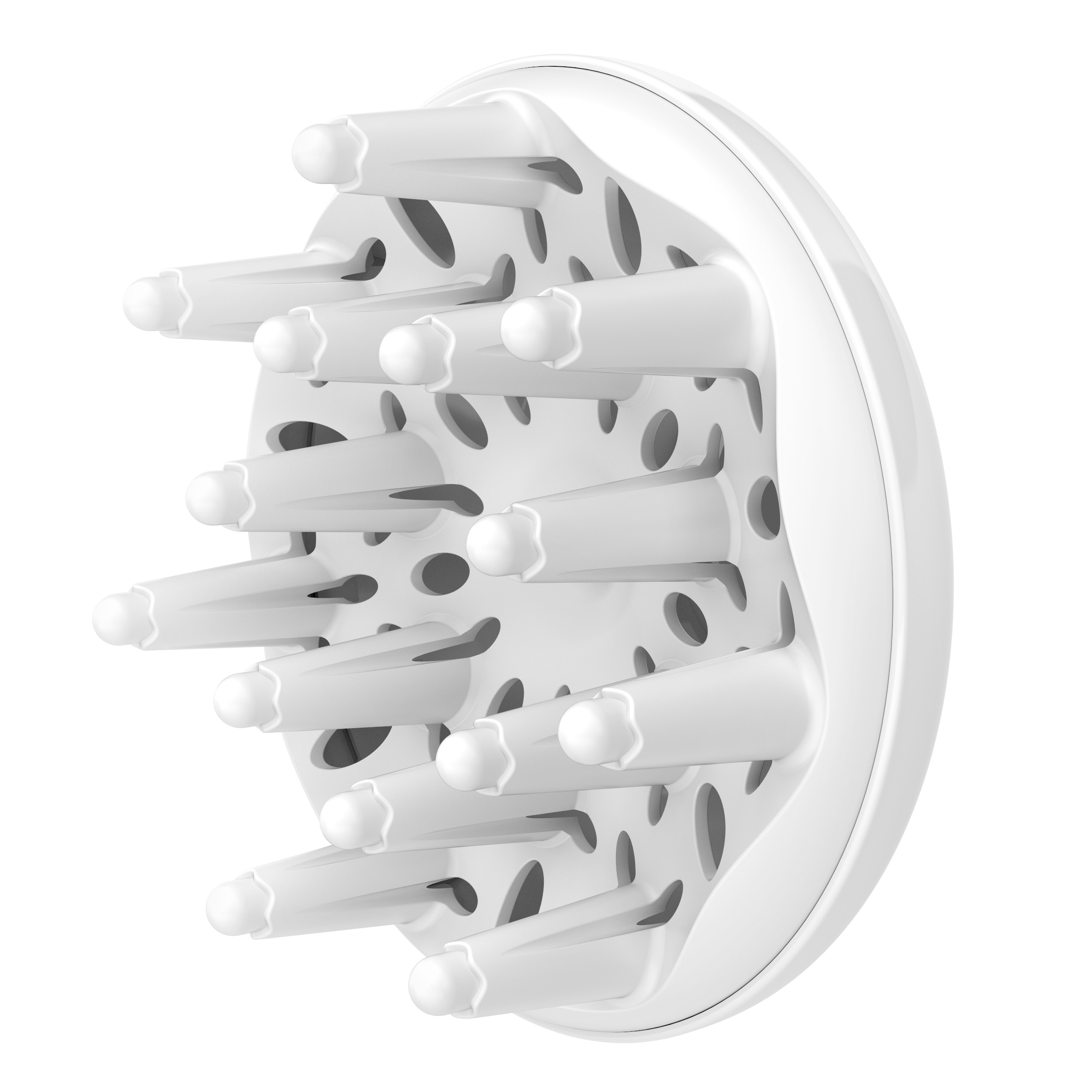 Ein weißer Haartrocknerdiffusor mit konisch geformten Vorsprüngen und Löchern.