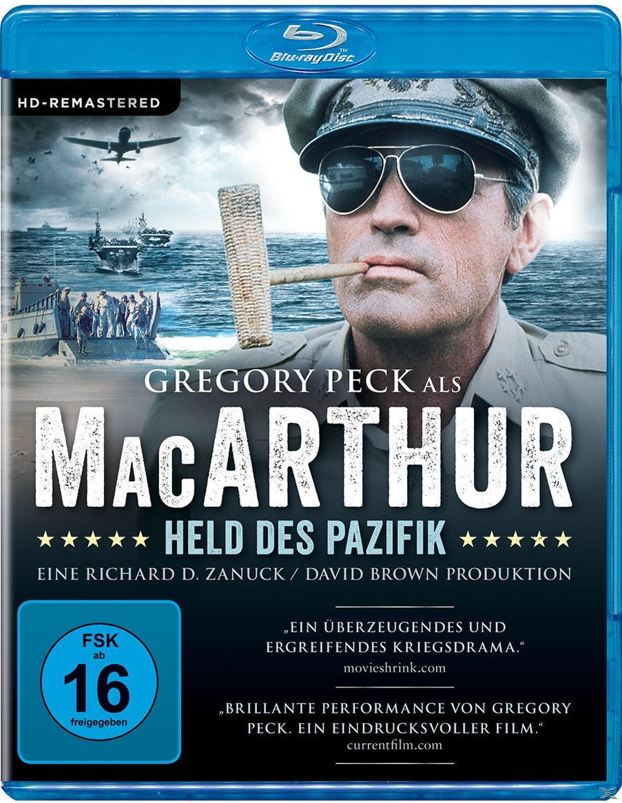 Blu-ray-Cover. Gregory Peck als MacArthur. Schiffe, Flugzeuge im Hintergrund. Titel: MacArthur.