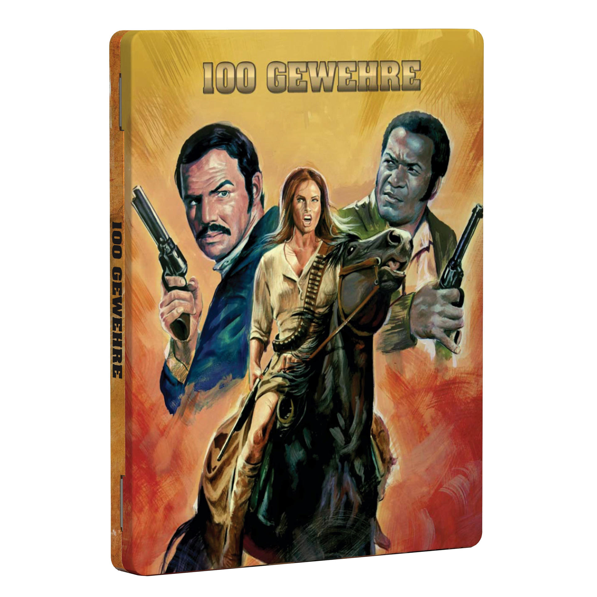 Filmposter mit drei Personen und Waffen, Titel: 100 Gewehre.