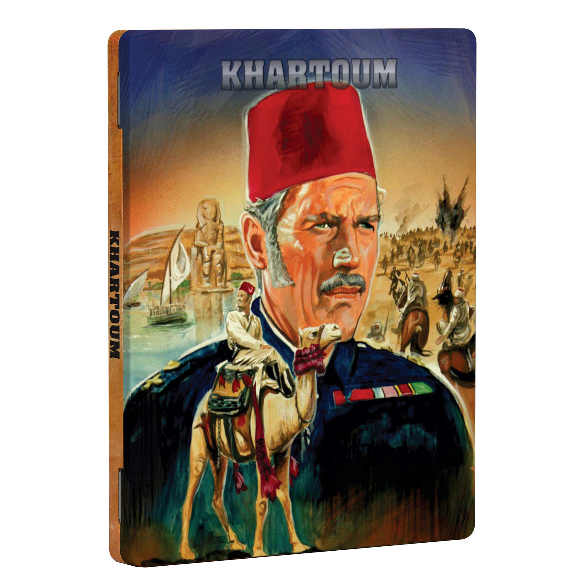 Blu-ray-Cover von 'Khartoum' mit einem Mann in einem roten Fez, der ein Kamel reitet.