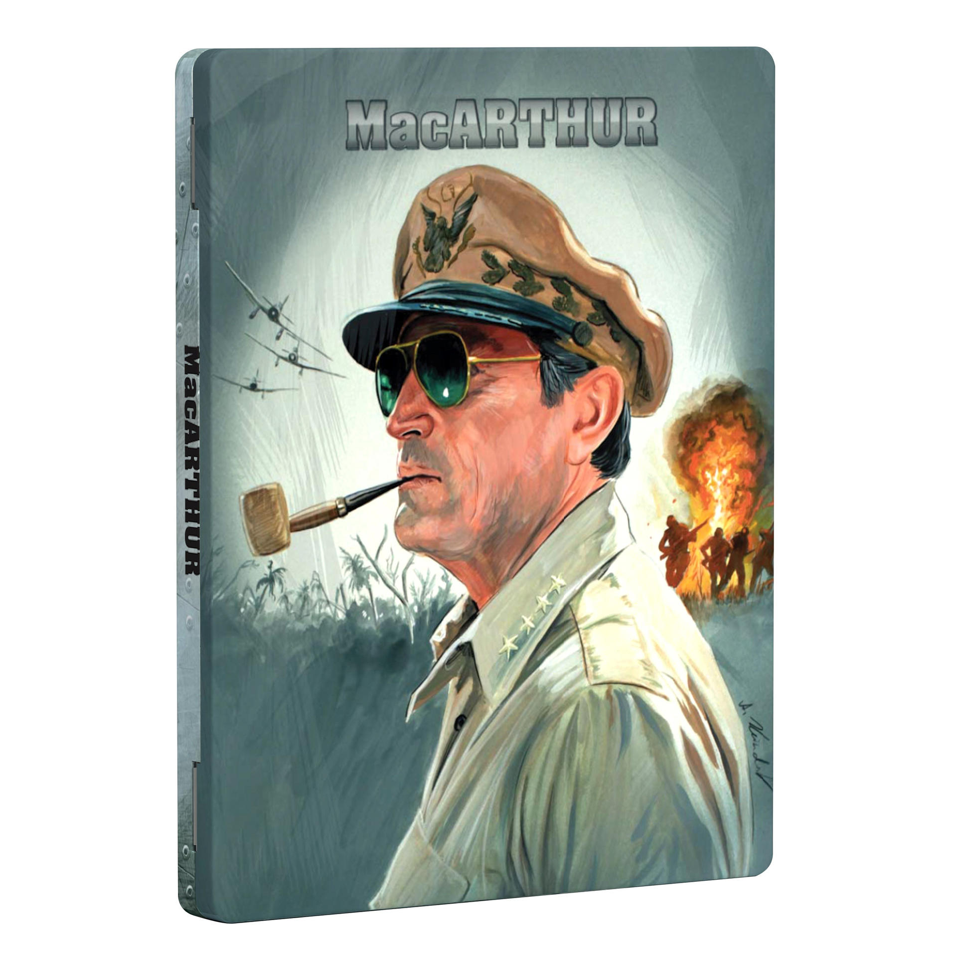 Eine illustrierte Darstellung von General MacArthur, der eine Pfeife raucht.