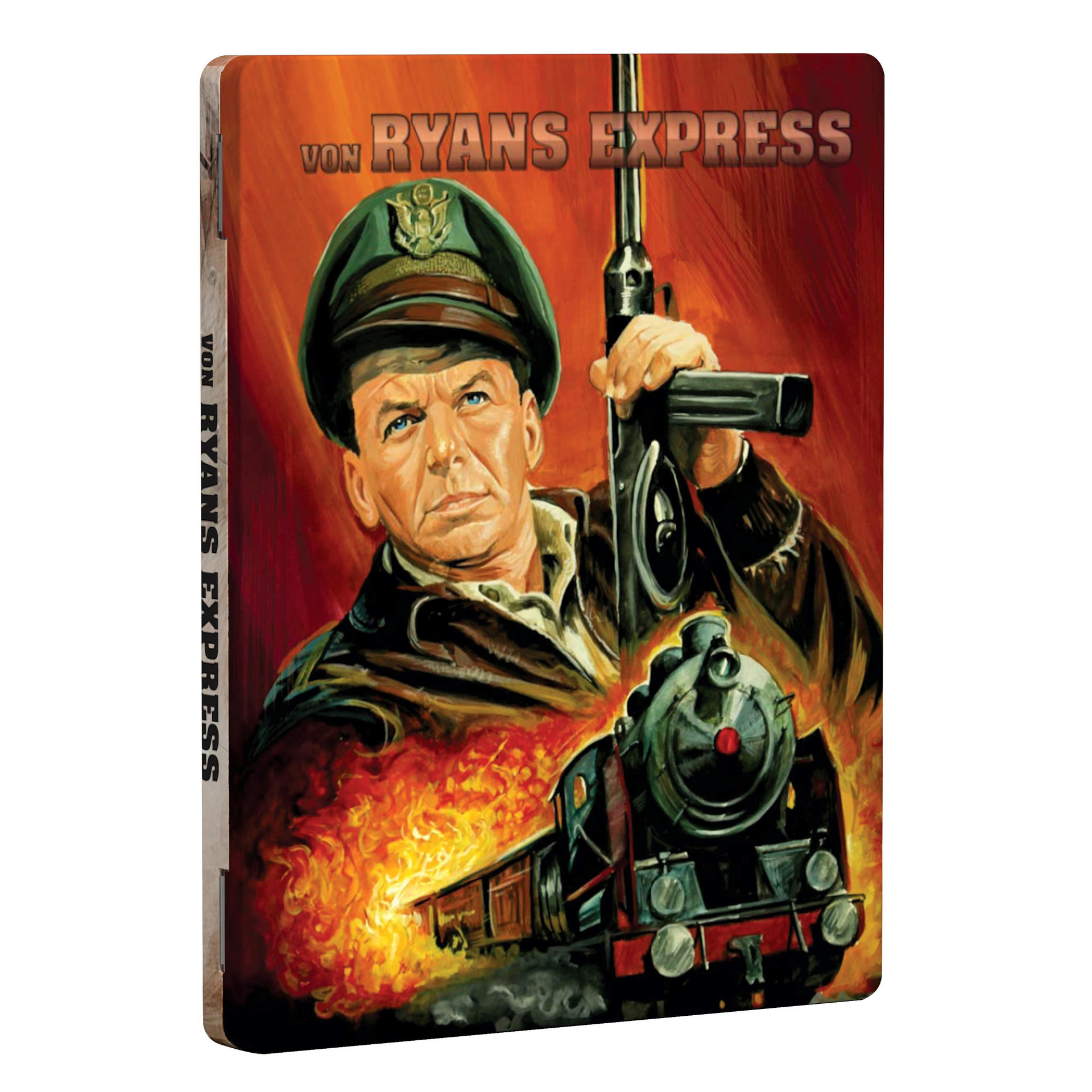 Filmcover von 'Von Ryans Express'. Ein Mann mit einer Waffe, ein brennender Zug.