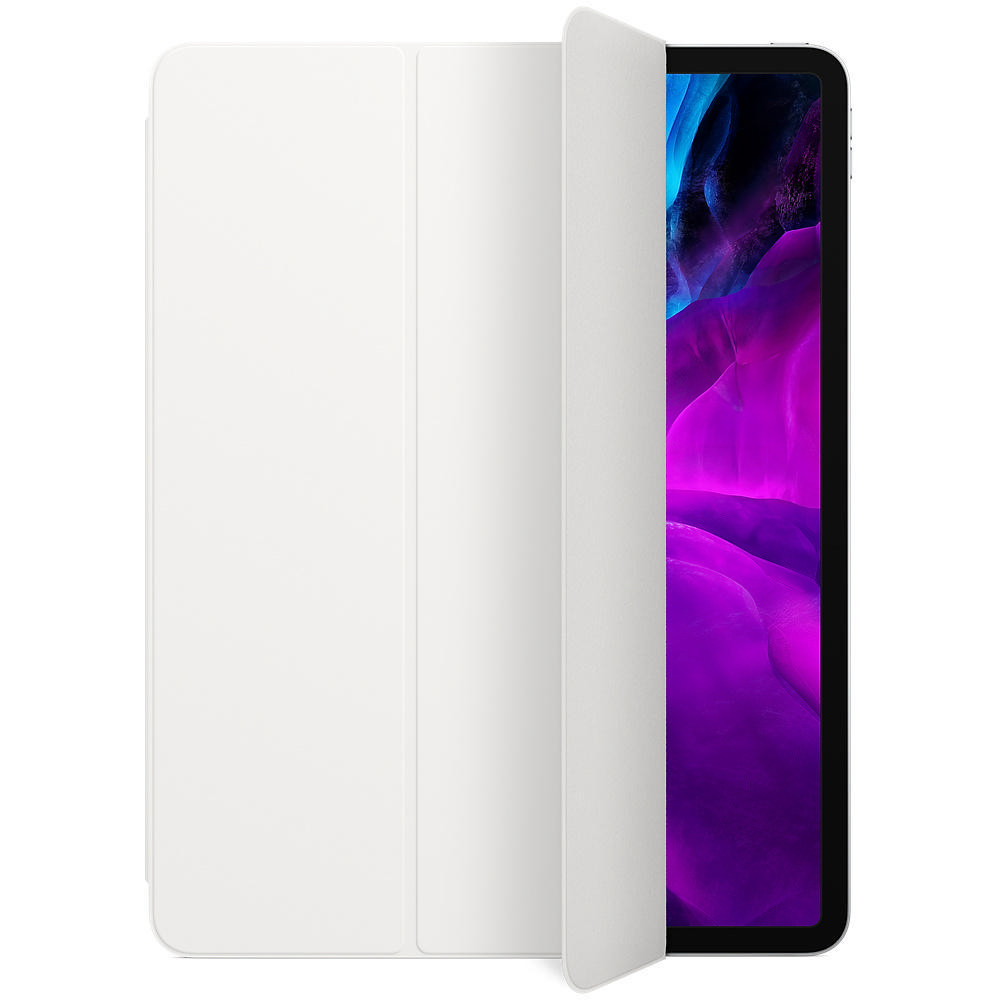 Weißes Tablethülle mit teilweise geöffnetem Deckel, der einen Tablet-Bildschirm mit lila Bild zeigt.
