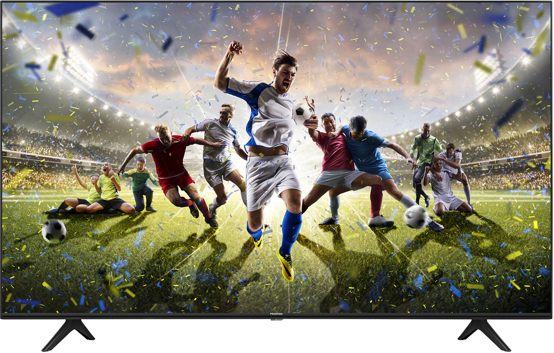 Ein Fernsehbildschirm, der ein Fußballspiel zeigt. Die Spieler sind in Aktion. Stadionhintergrund.