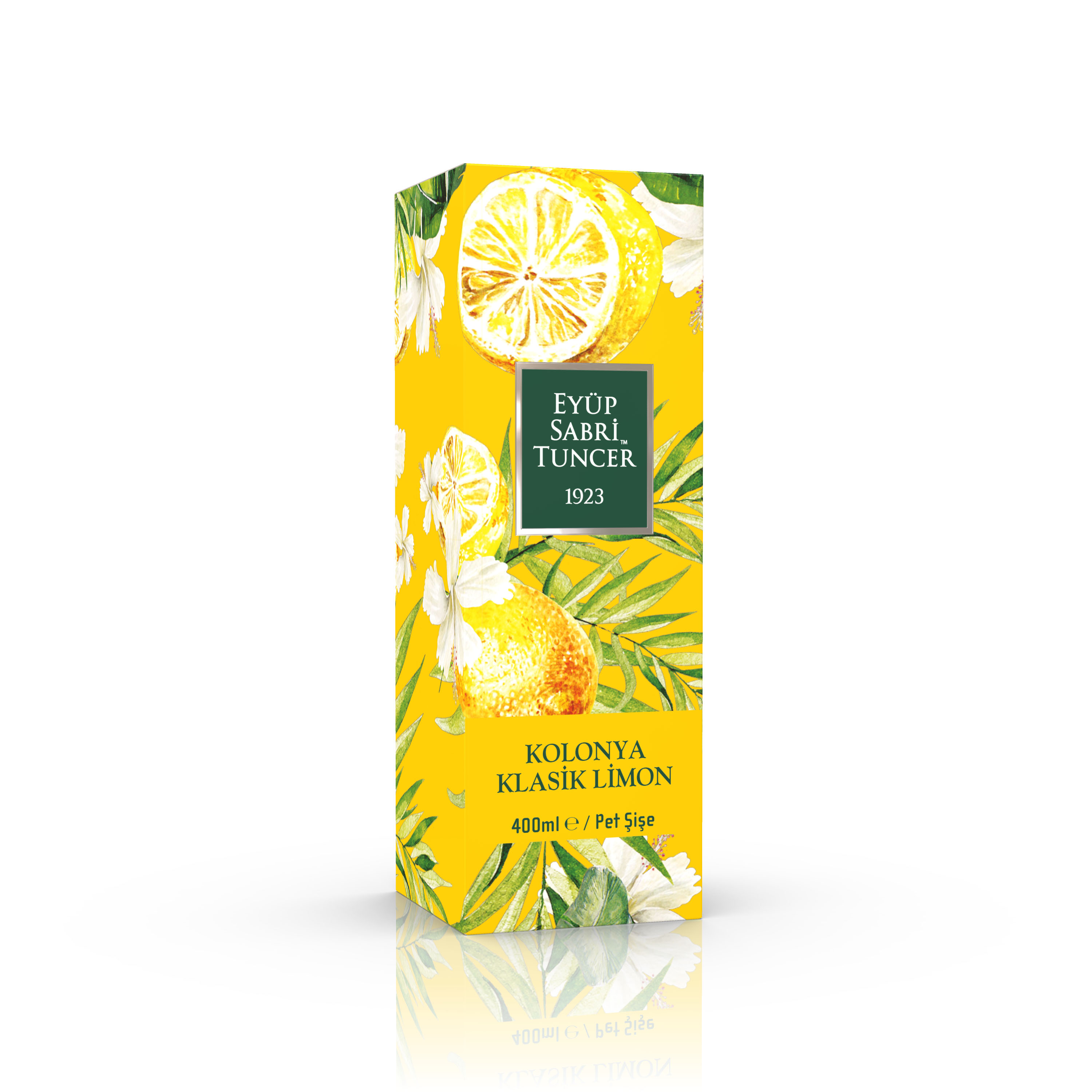 Limon grafikli ve beyaz çiçekli sarı Kolonya kutusu. 400 ml içerir.