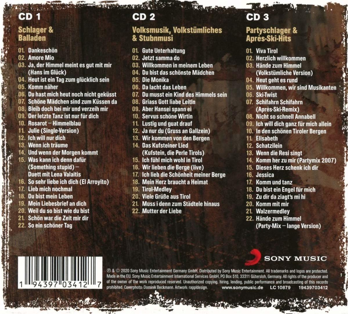 CDs mit einer Titelliste von deutschen Schlagern und Balladen, Volksmusik und Party-Schlagern.