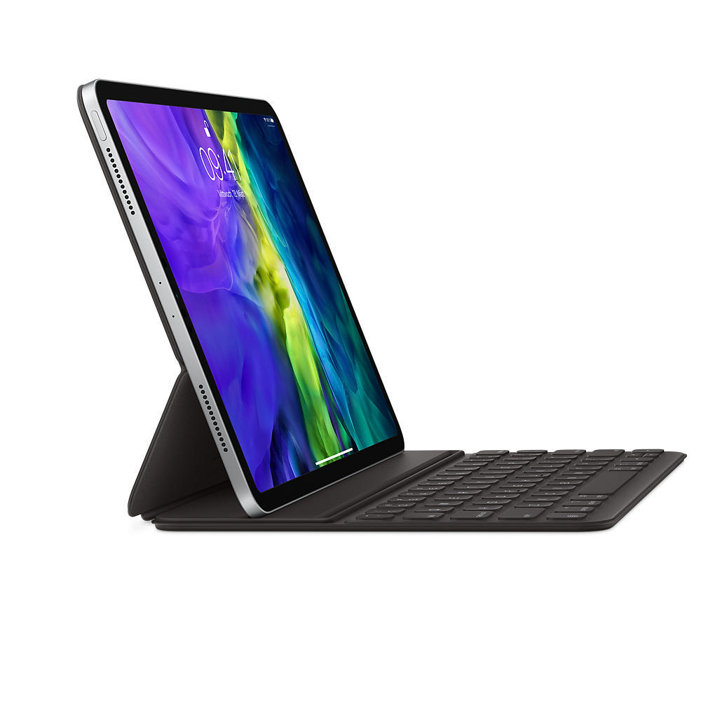 Tablet mit Tastaturhülle, Bildschirm an, zeigt farbenfrohe Oberfläche. Schwarz und Silber.