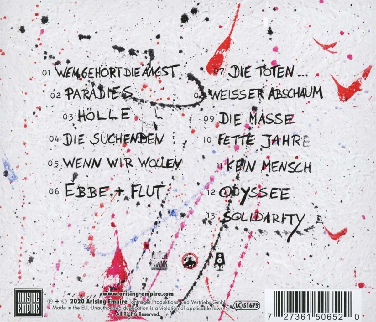 Linien und Text auf weißem Grund mit roten und schwarzen Farbspritzern.