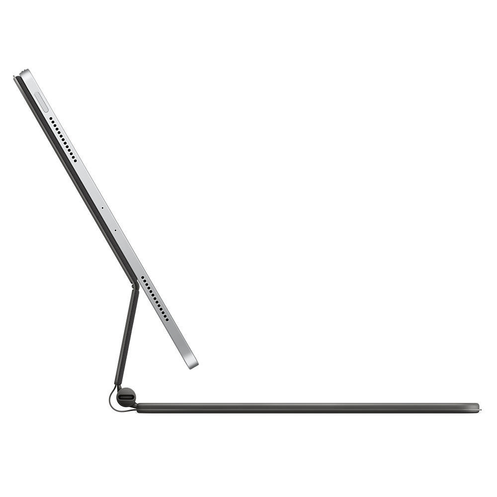 Tablet und Tastatur in Seitenansicht, verbunden mit einem Scharnier und zeigt die Anschlüsse.