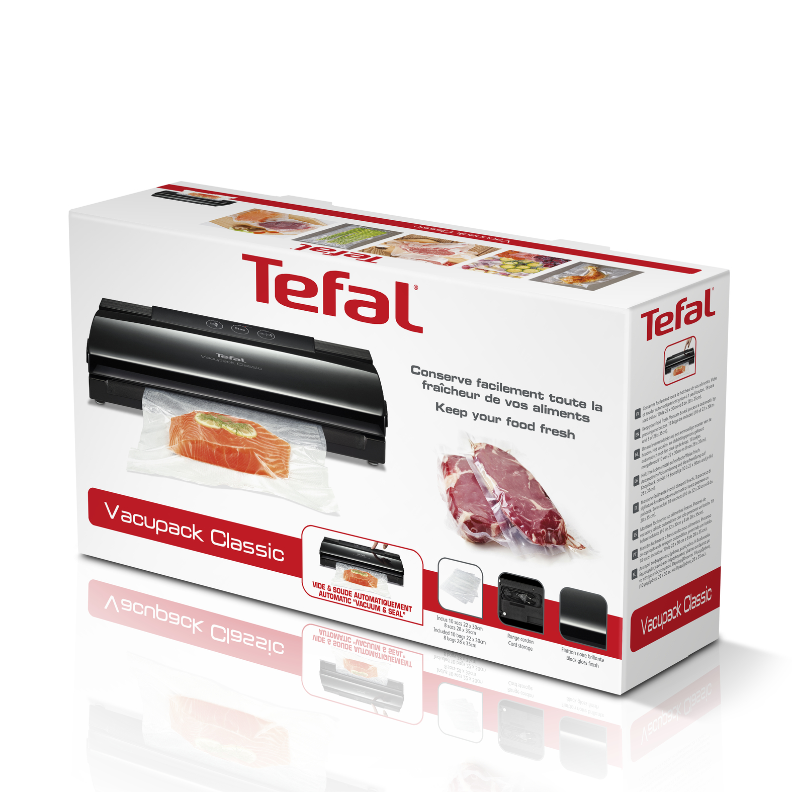 Een Tefal Vacupack Classic doos, met een vacuümverpakker en voedselvoorbeelden.