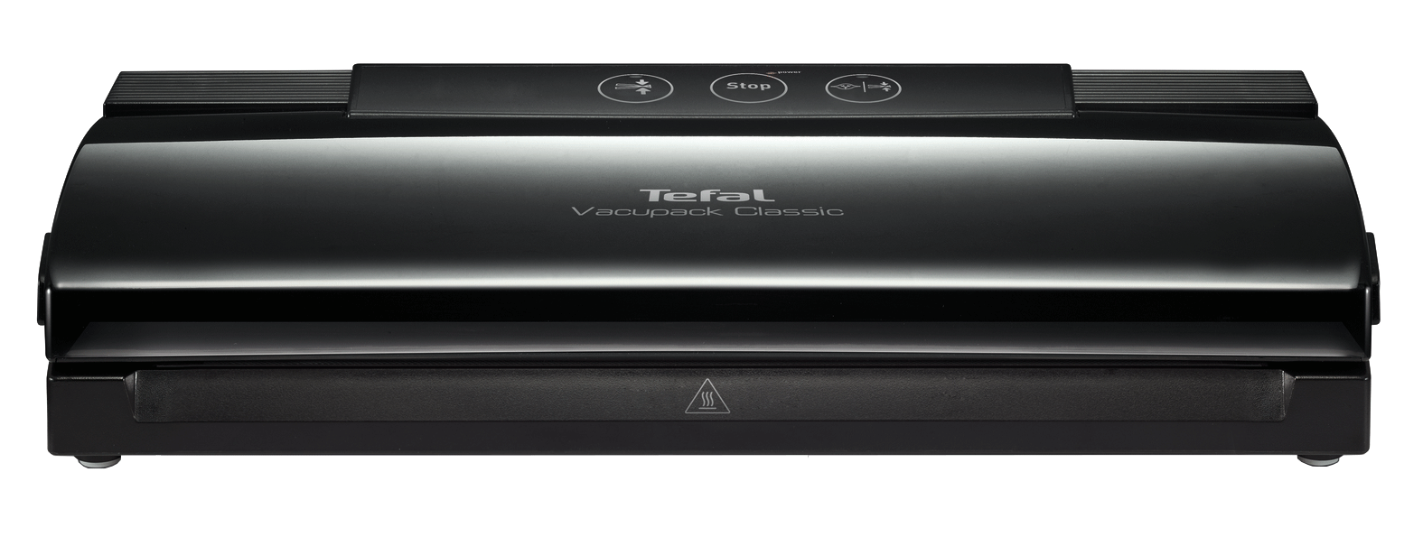 Zwarte Tefal vacuümsealer. Knoppen bovenop, verwarmingselement onderaan.