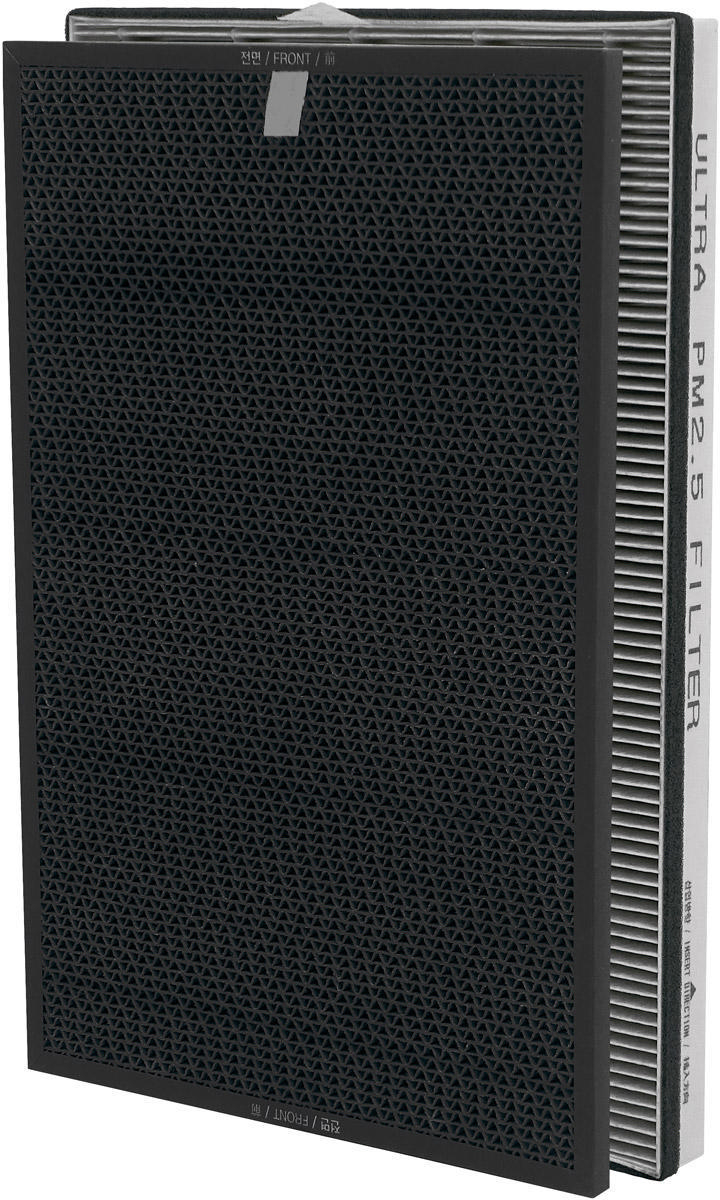 Luftfilter, schwarze Gitterfront, weißer PM2.5 Filter, weißer Rahmen.