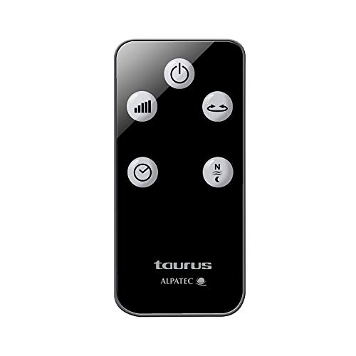 Mando a distancia negro con botones: encendido, volumen, temporizador y velocidad del ventilador.