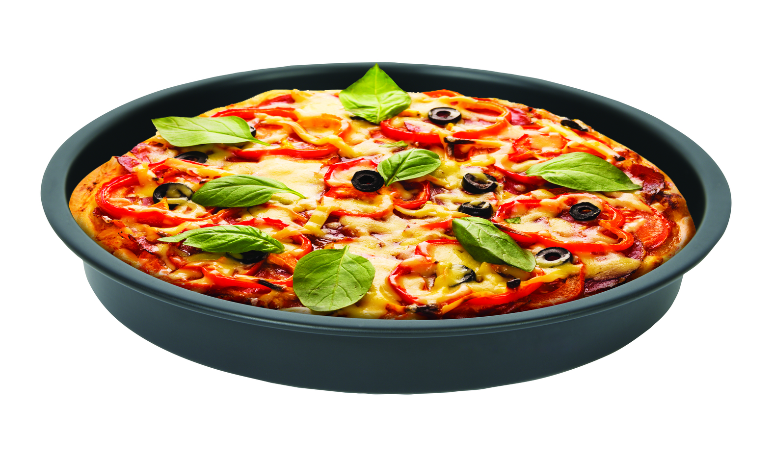 A baked pizza in a black pan. Toppings include peppers, olives and basil. White background.