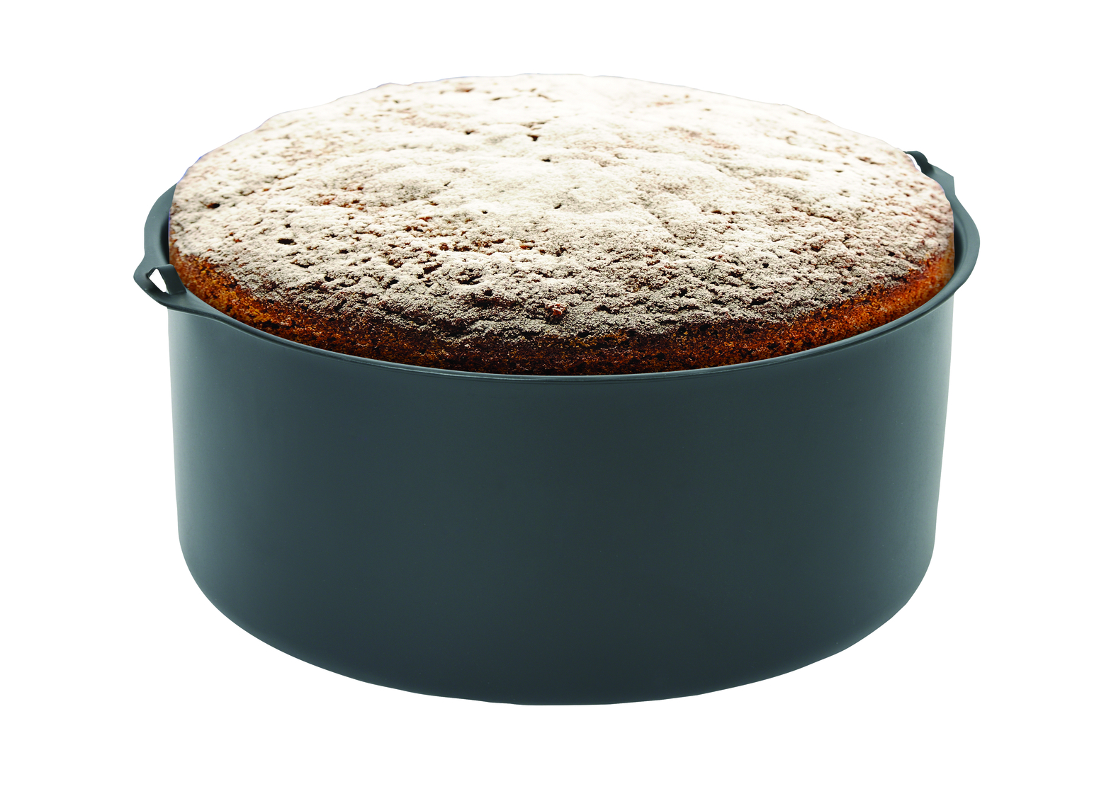 A round cake in a dark gray baking pan, dusted with powdered sugar, isolated on white.