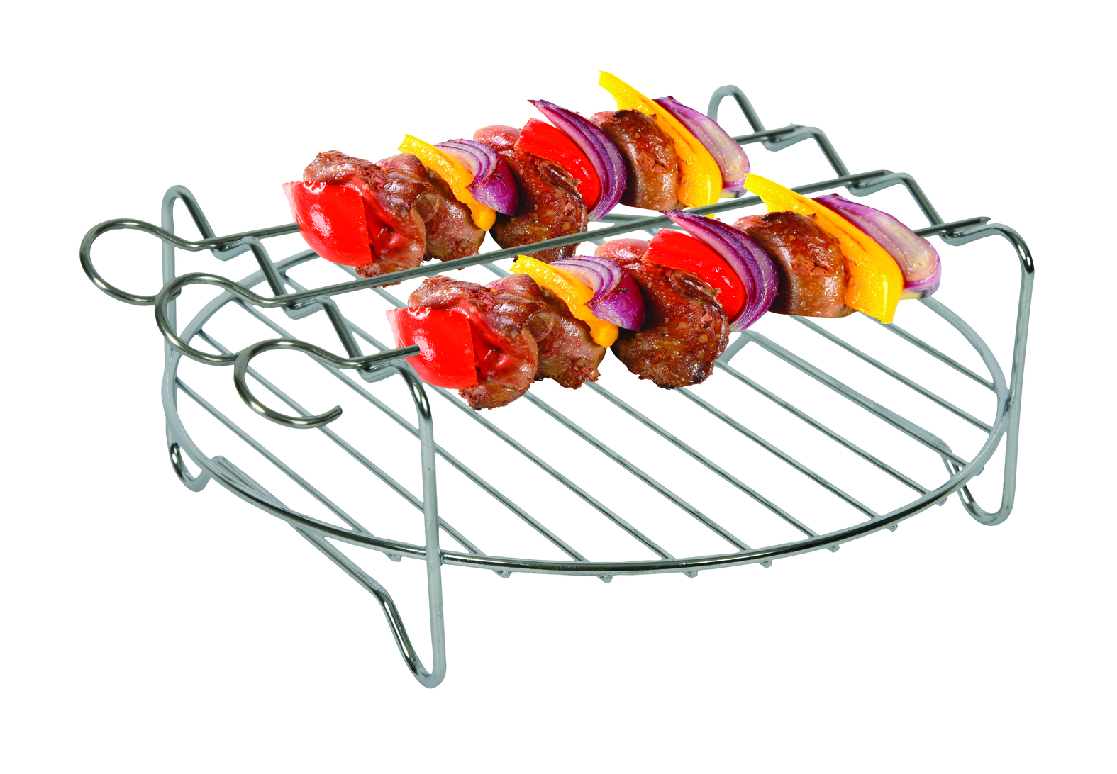Metal grill for grilling food. Two skewers with vegetables and meat.