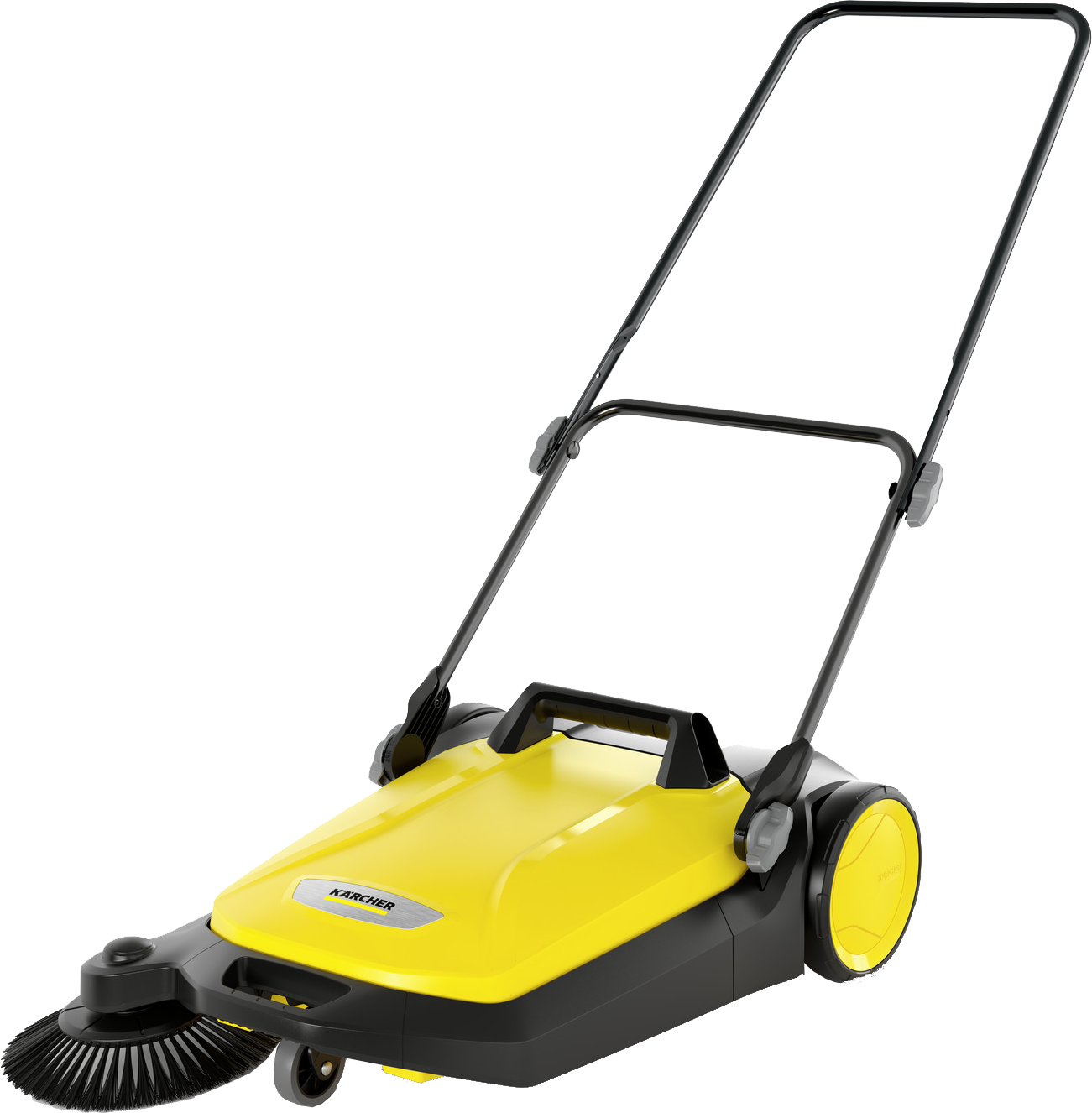 Egy sárga-fekete Karcher tolóseprű fogantyúval. A kefe és a kerekek láthatók.