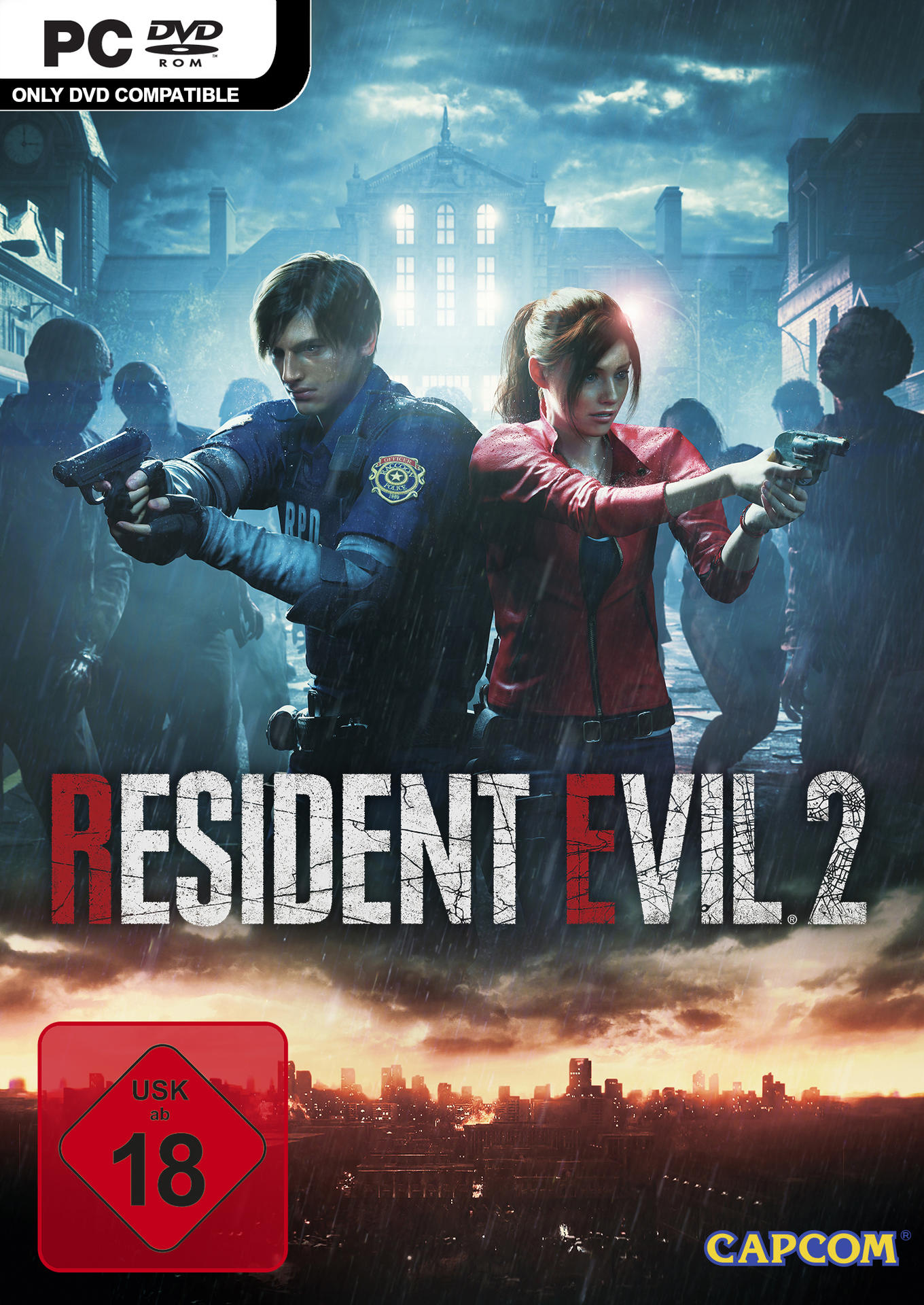 Resident Evil 2 PC-Spielcover mit zwei Charakteren, die Waffen halten. Der Hintergrund zeigt eine Stadtszene mit Regen.