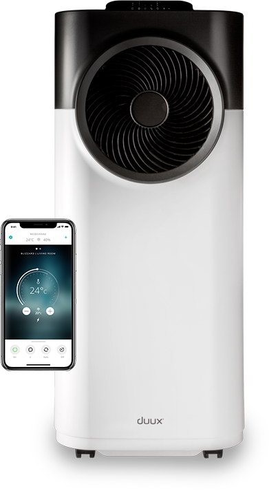 Witte en zwarte luchtreiniger. Circulaire ventilator, zwarte bovenkant, witte behuizing. Telefoon met app links.