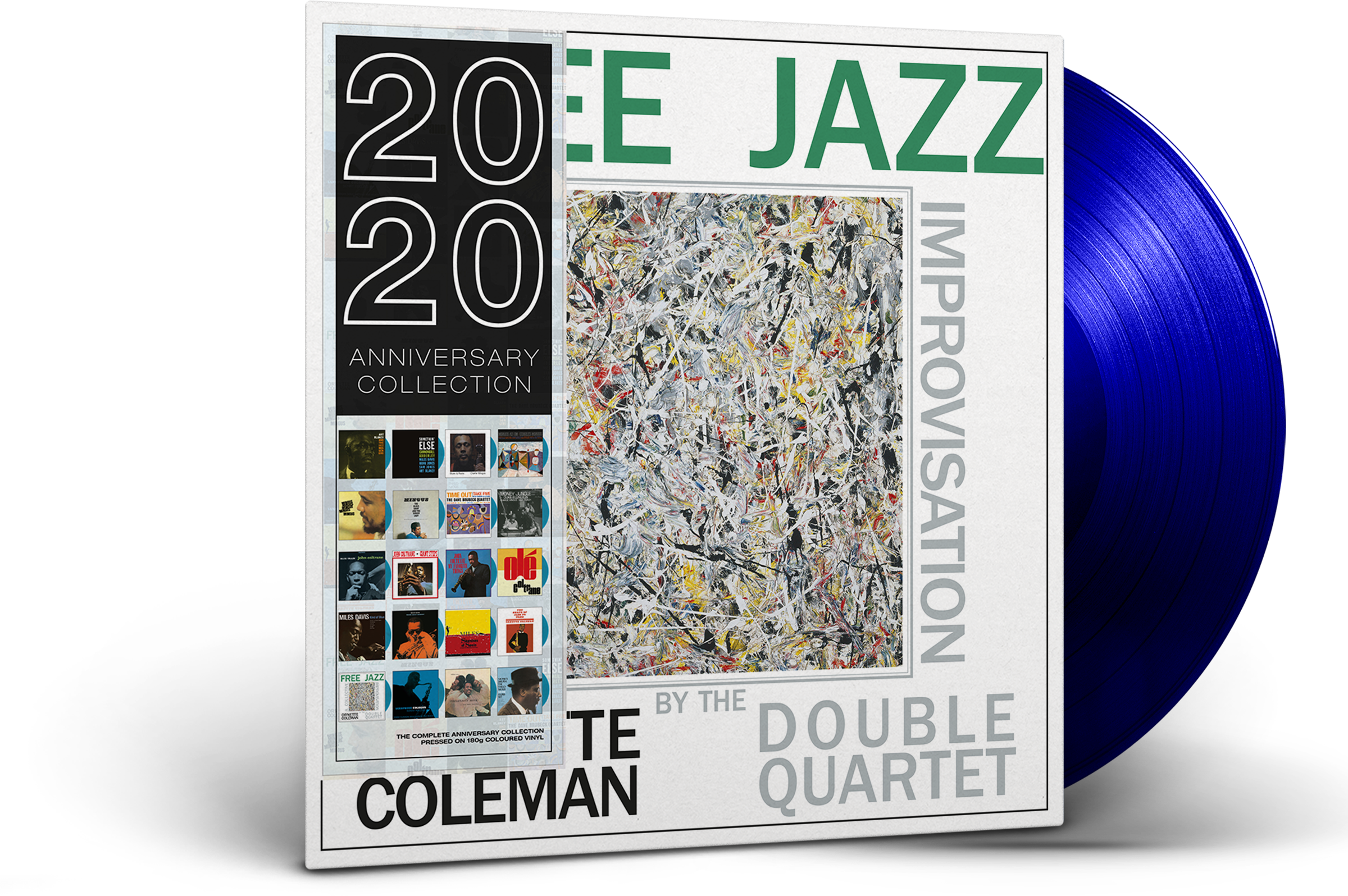 Free Jazz album borító kék bakelit lemezzel. Absztrakt alkotás. Fehér háttér.
