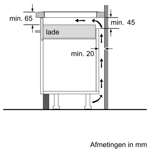 Dessin technique de l'installation d'un caisson de tiroirs avec dimensions en millimètres. Flèches et étiquettes présentes.