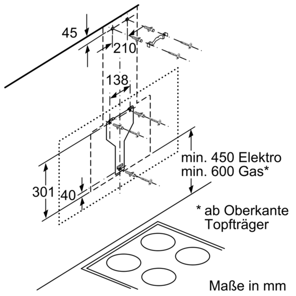 Technische Zeichnung mit Installationsmaßen für eine Dunstabzugshaube.