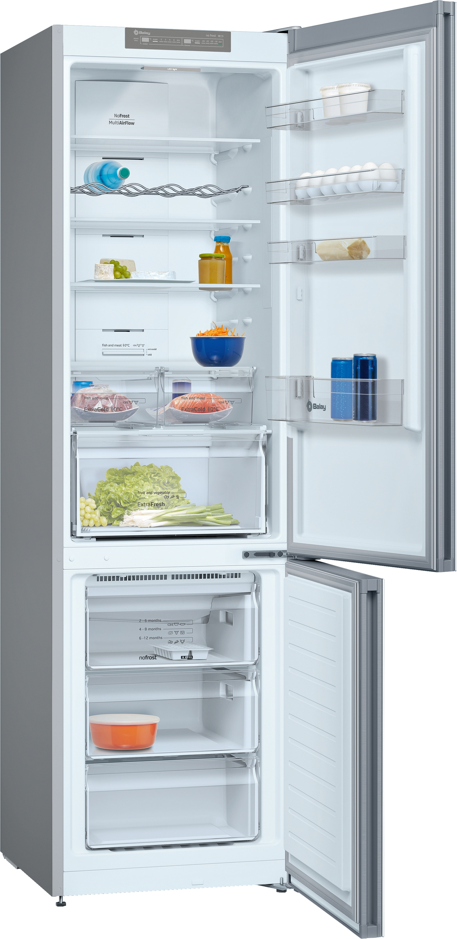 Interior de refrigerador, abierto. Estantes con varios alimentos como carne, verduras, bebidas. Colores gris y blanco.