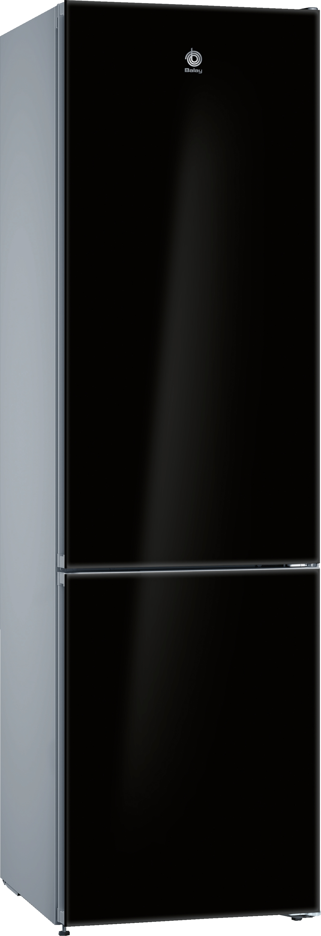 Refrigerador negro de dos puertas con frente brillante.