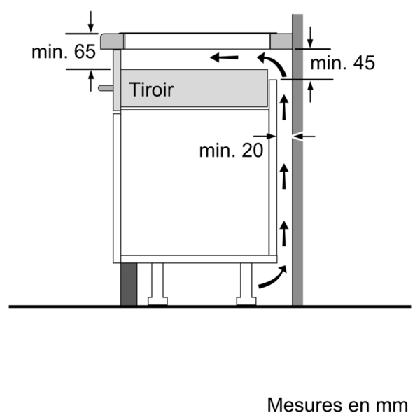 Un schéma architectural montrant les dimensions d'un tiroir et de l'espace environnant. Mesures en millimètres.