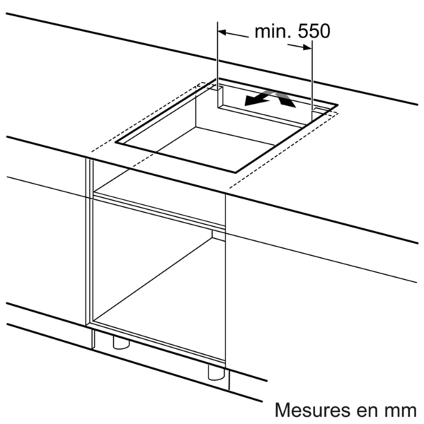 Schéma d'un plan de travail avec une découpe rectangulaire. Le texte indique une dimension minimale de 550 mm.