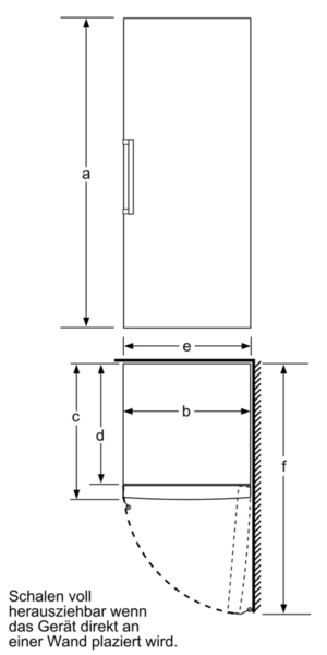 Diagramm eines Kühlschranks. Zeigt Abmessungen und eine Türöffnung. Schwarzweiß, technische Zeichnung.