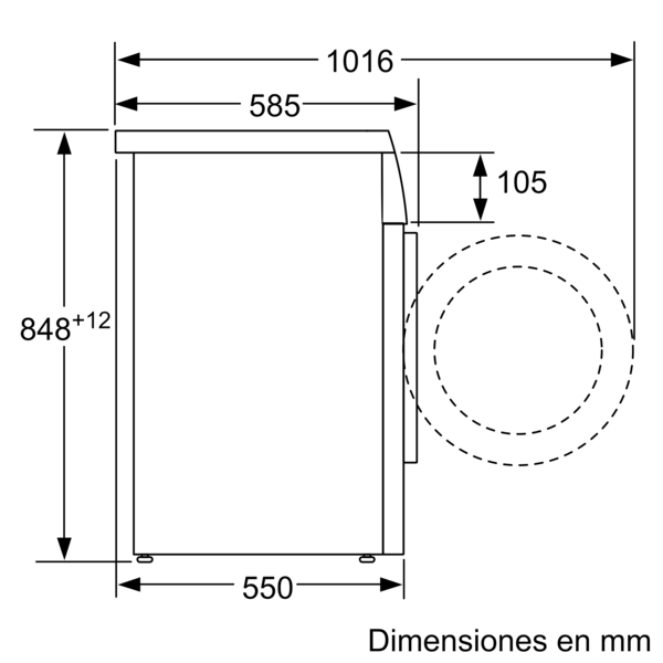 Diagrama de un frigorífico, mostrando dimensiones y giro de la puerta. Líneas en blanco y negro.