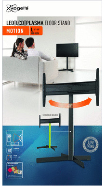 Poster eines TV-Ständers mit einem Paar beim Fernsehen, Diagramm und Produktinfo.