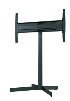 Ein schwarzer TV-Ständer mit kreuzförmigem Fuß und vertikaler Stange.