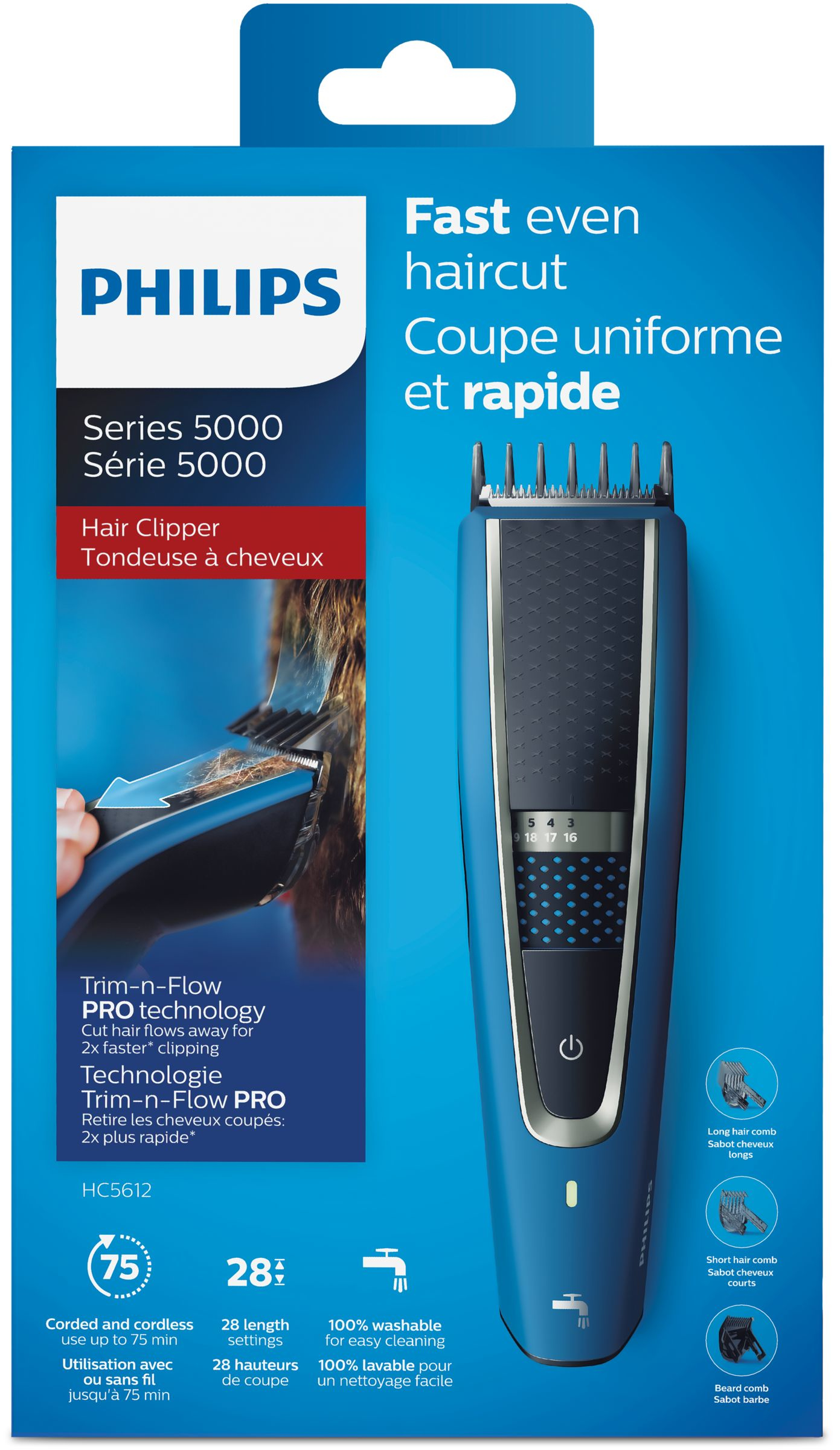 Une tondeuse à cheveux bleue dans son emballage avec les caractéristiques décrites.