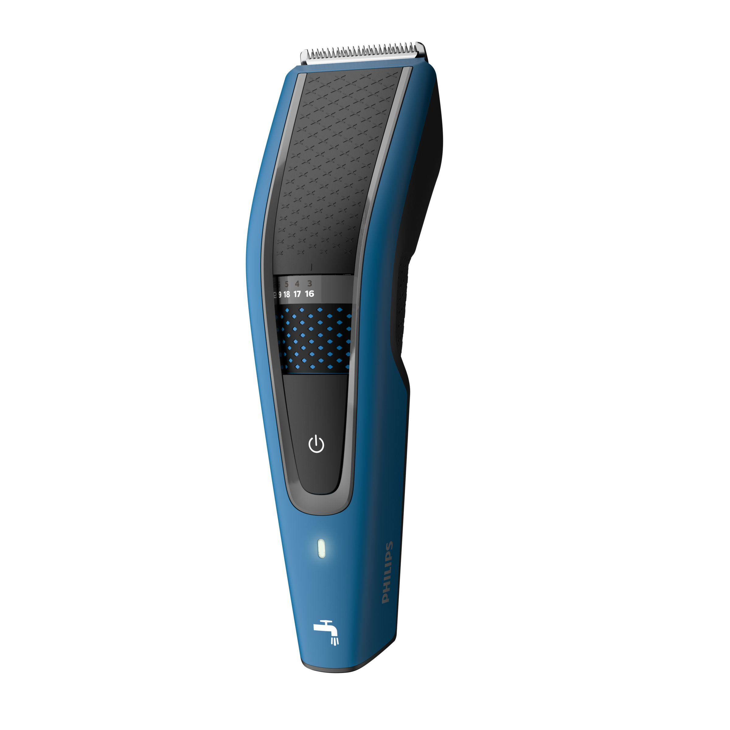 Tondeuse à barbe Philips bleue avec réglages et le logo Philips.